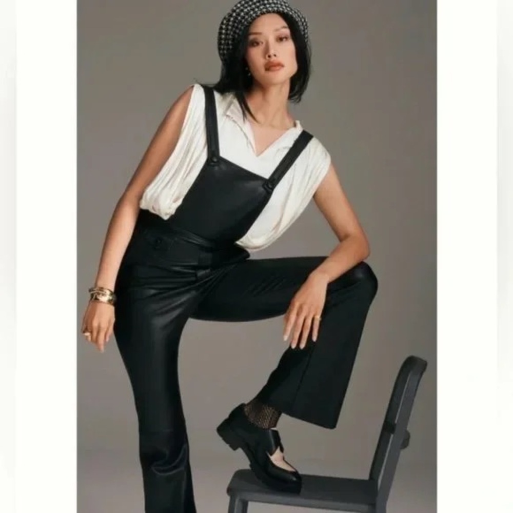 Maeve Anthropologie Black Faux Leather Retro Overalls